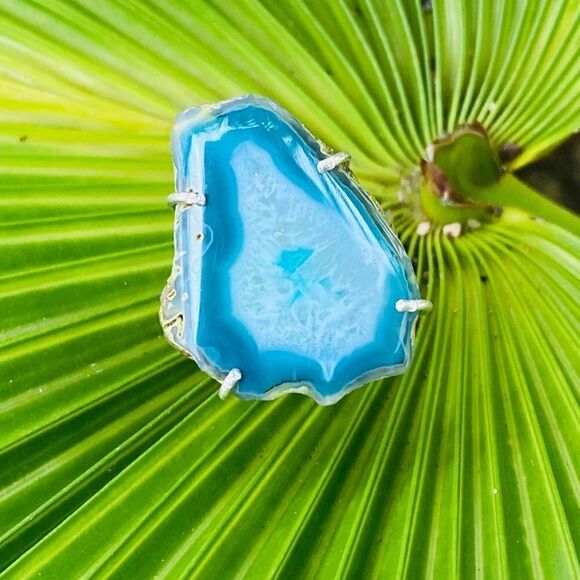 Marine Blue Agate Geode Sterling Silver Ring Size 6 - Picture 7 of 12